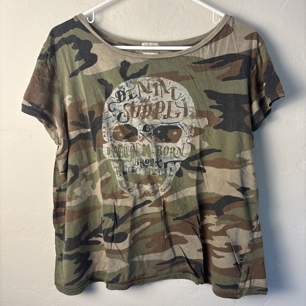 Denim & Supply Ralph Lauren Camouflage T-Shirt Womens Large Green Skull Graphic